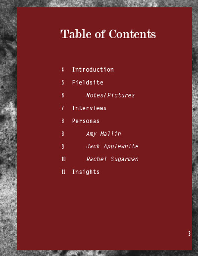 Table of contents page for Awkward Silence Personas Research booklet